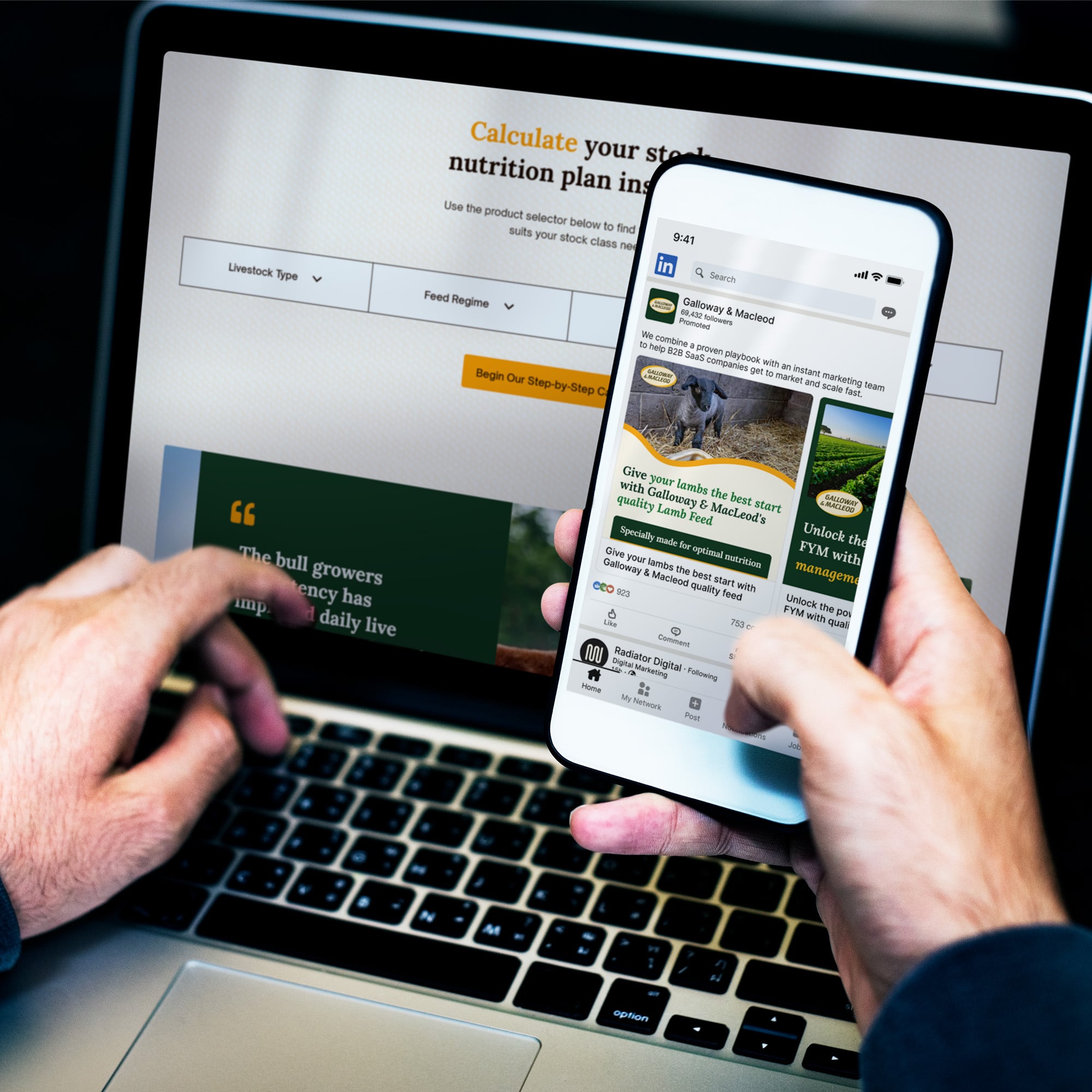 photo of galloway and macleod website on a mobile device and laptop screen