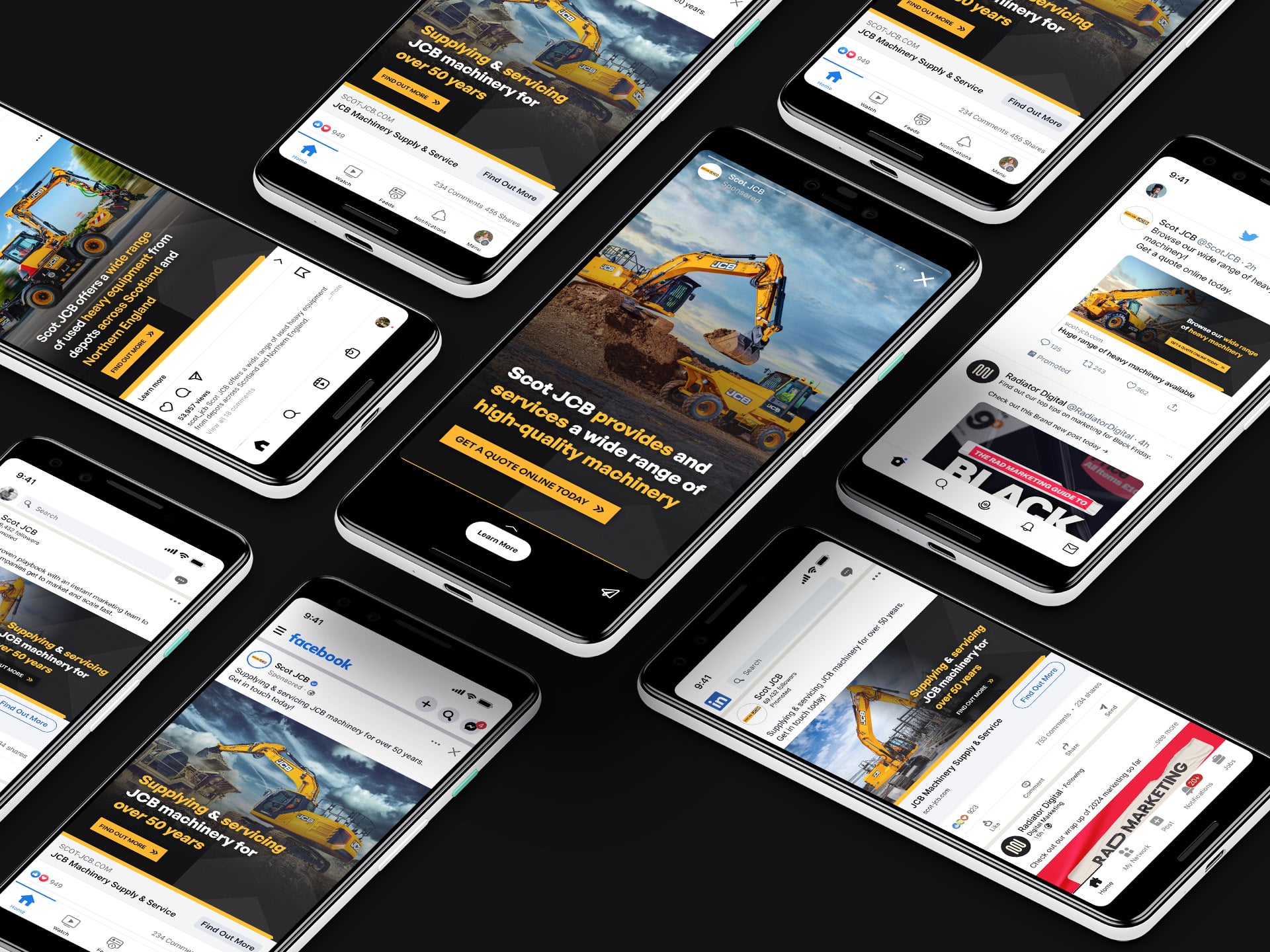 radiator digital marketing graphic showing jcb scot website on various mobile devices